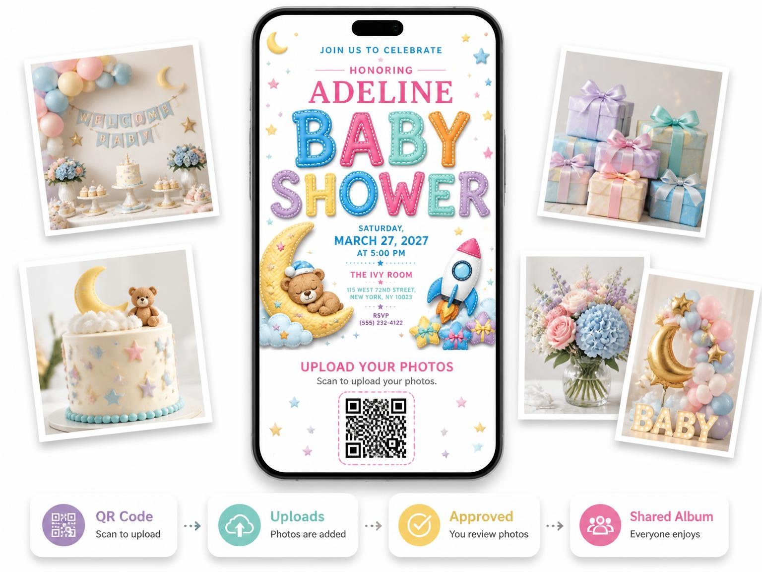 The shared photo gallery that comes with the Toy Rocket Baby Shower Invitation invitation