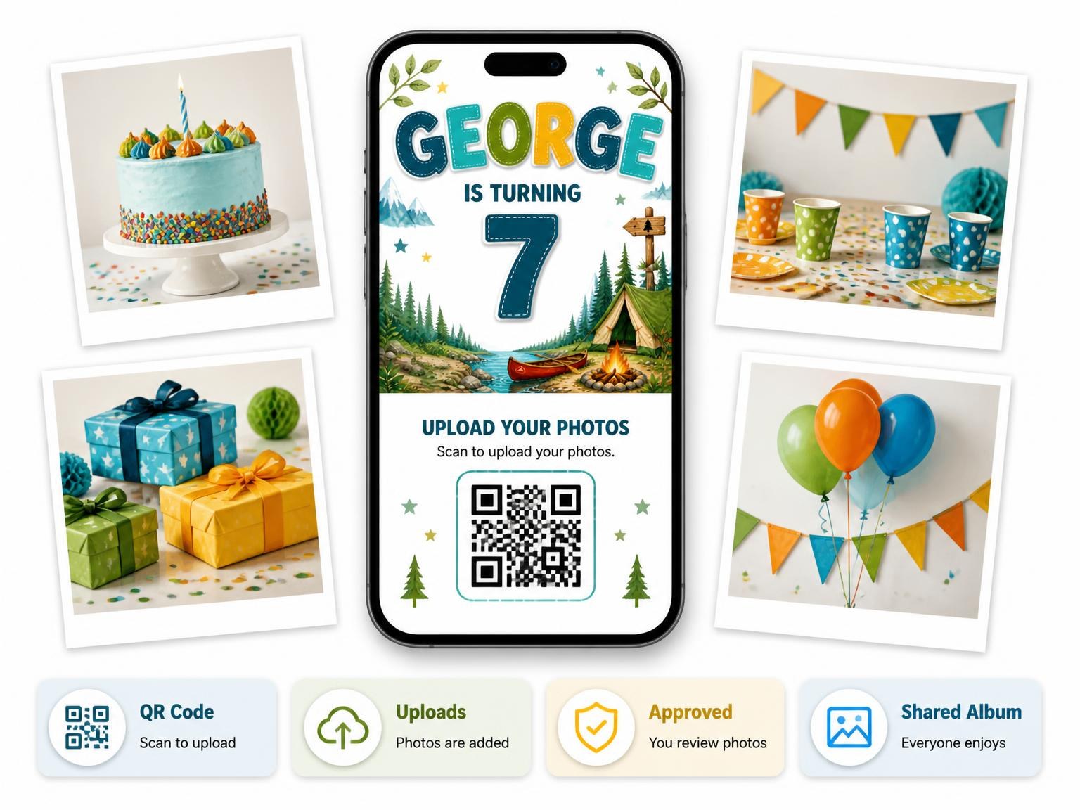 The shared photo gallery that comes with the Young Hiker Stitched 7th Birthday Invitation invitation