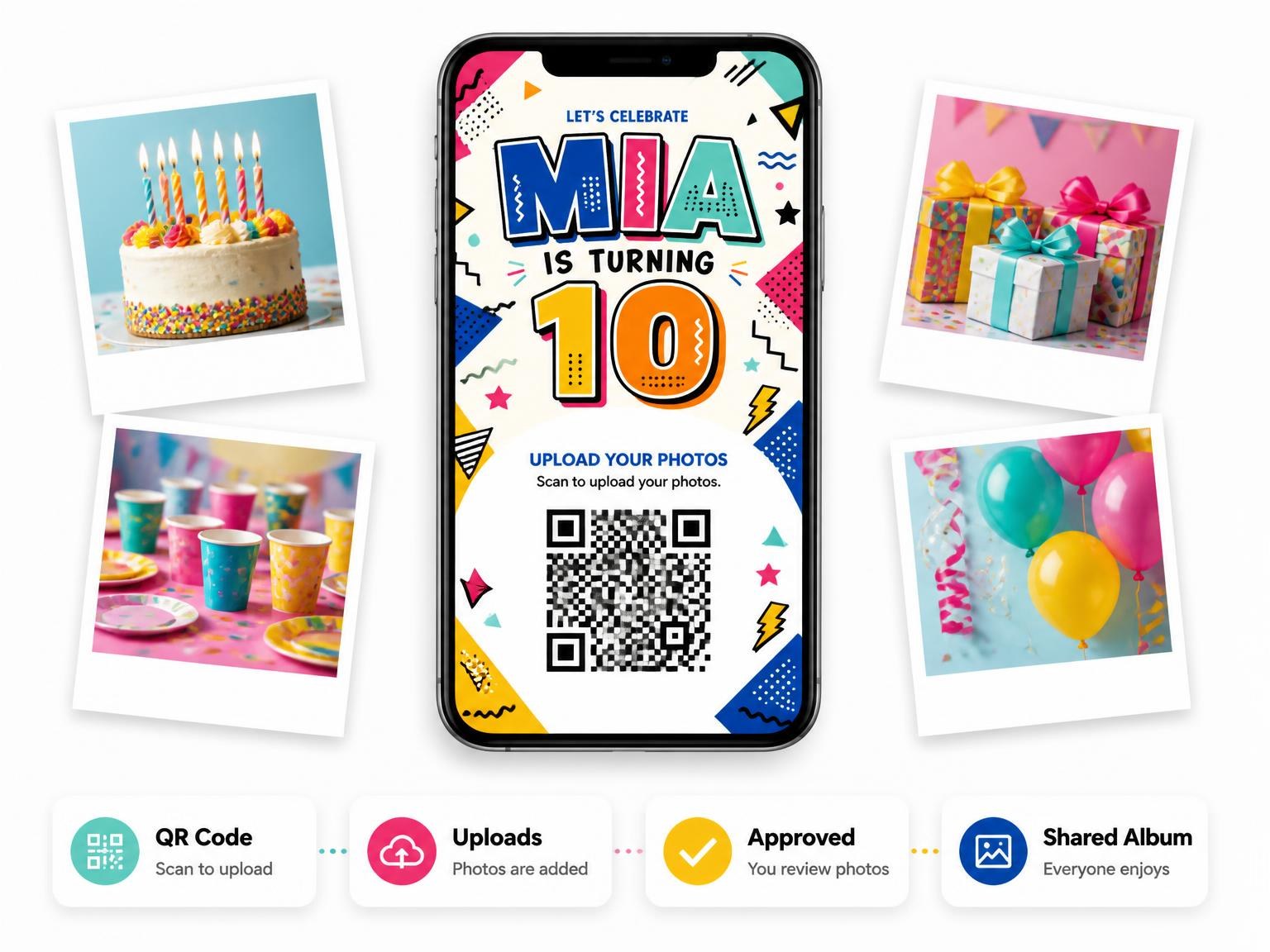 The shared photo gallery that comes with the Memphis Pop 10th Birthday Invitation invitation