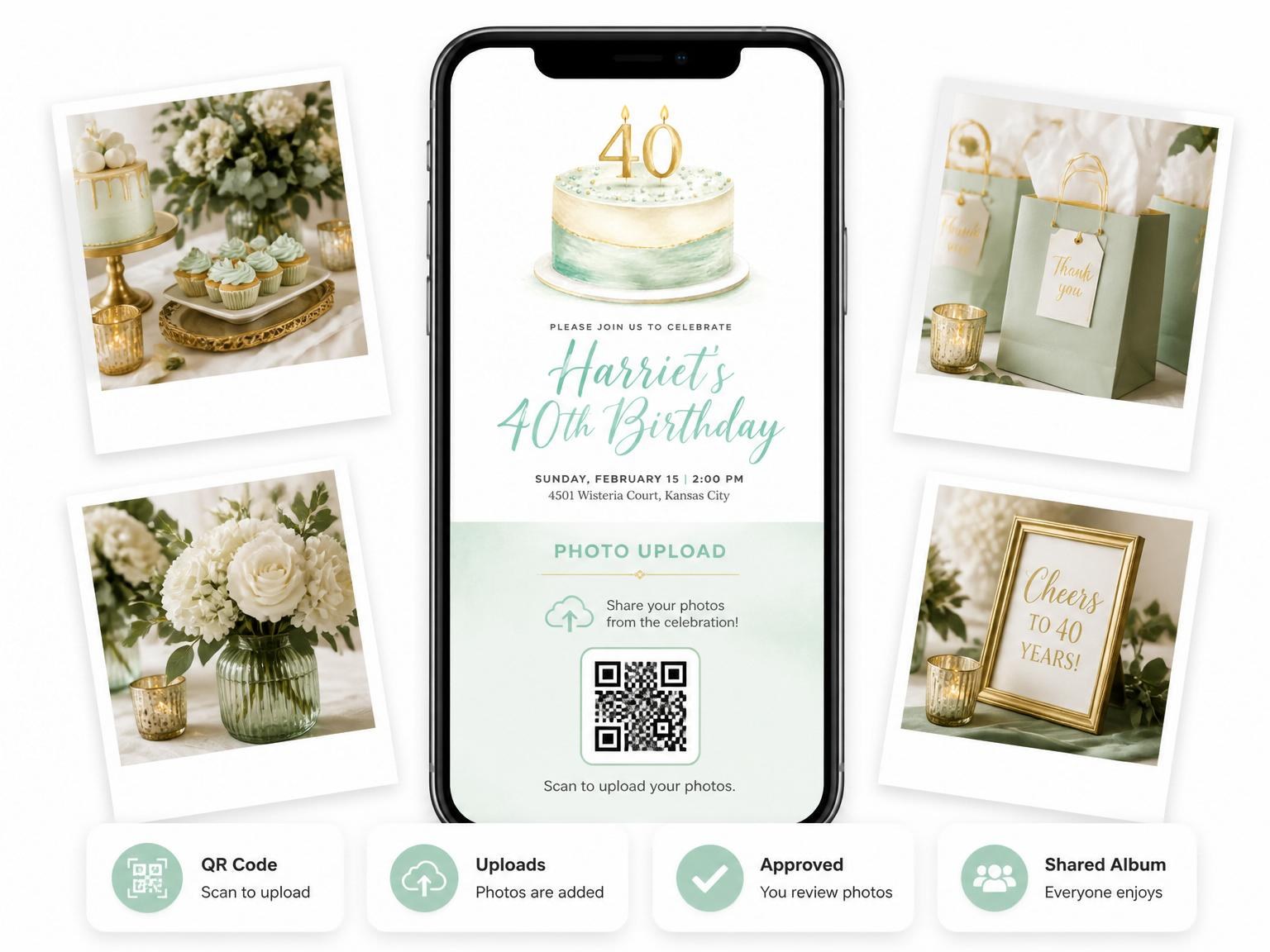 The shared photo gallery that comes with the Sage Watercolor Cake 40th Birthday invitation