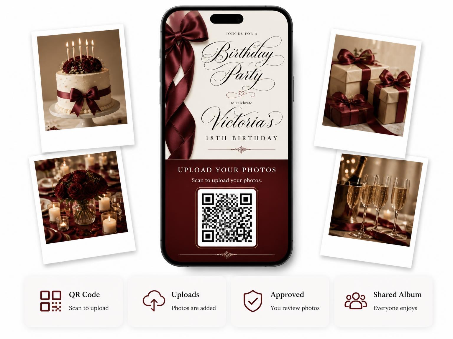 The shared photo gallery that comes with the Burgundy Satin Bow 18th Birthday Invitation invitation