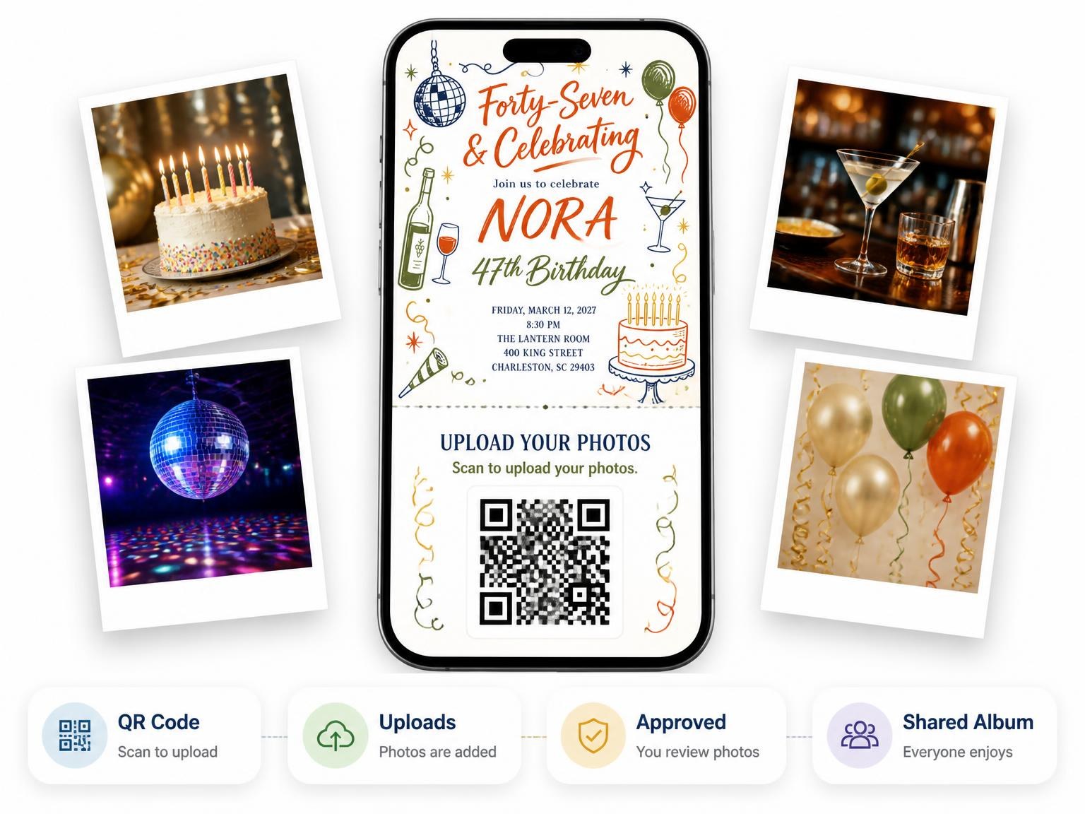 The shared photo gallery that comes with the Retro Doodle 47th Birthday Invitation invitation