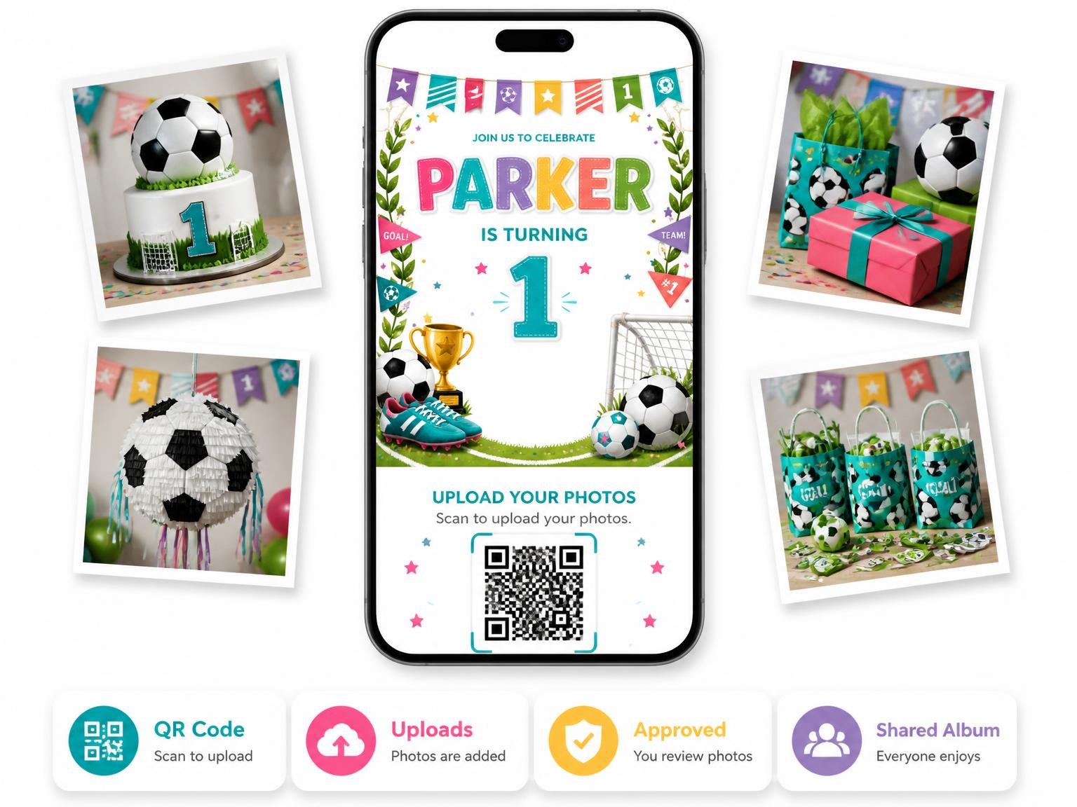 The shared photo gallery that comes with the Stitched Soccer 1st Birthday Invitation invitation