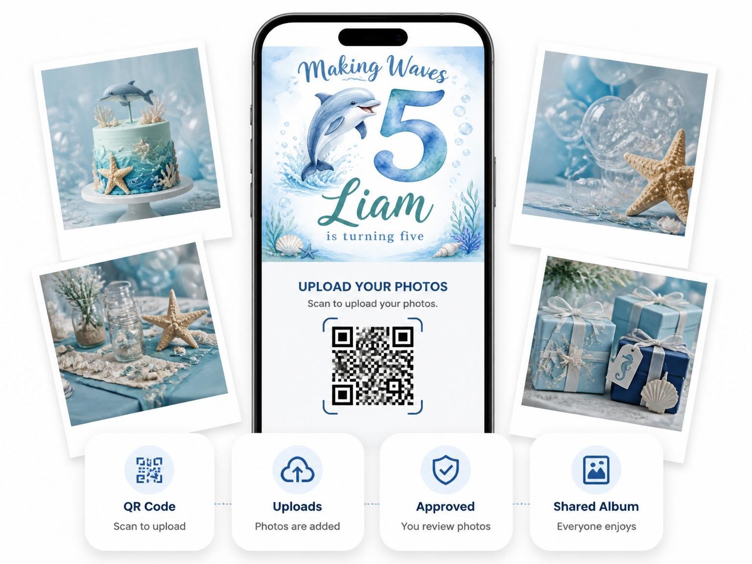 The shared photo gallery that comes with the Watercolor Dolphin Ocean 5th Birthday invitation