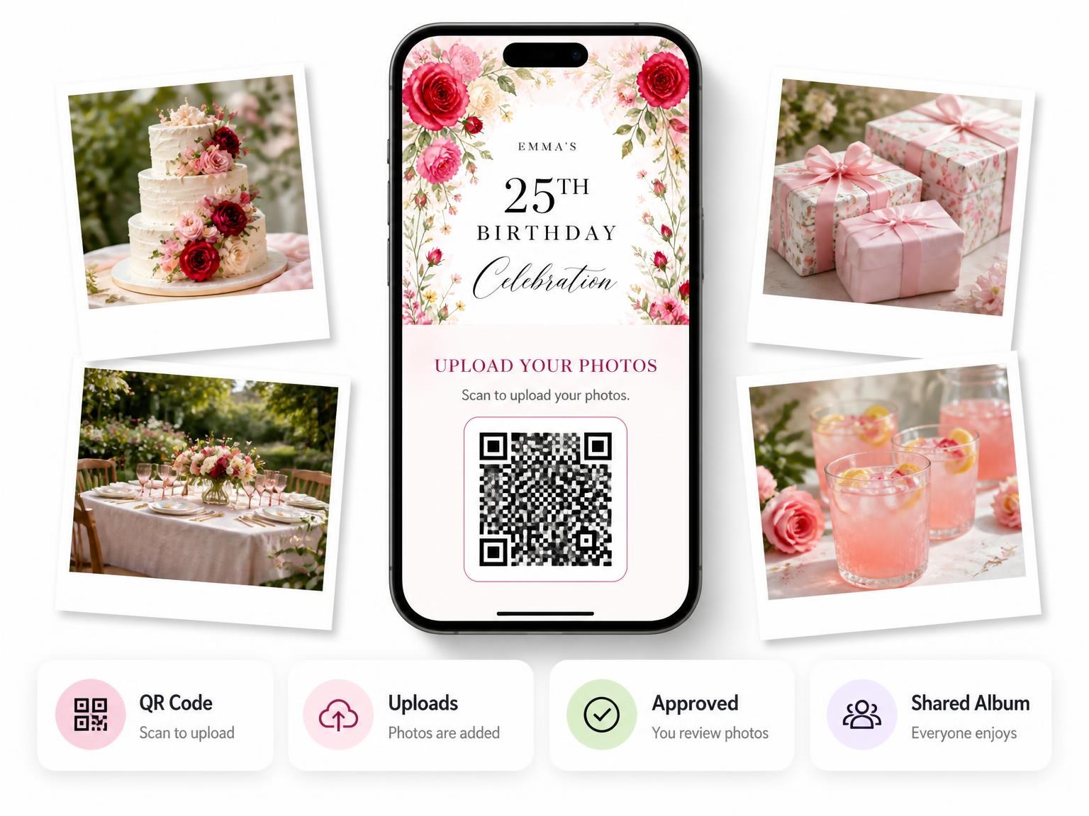 The shared photo gallery that comes with the Floral Garden Scarlet 25th Birthday Invitation invitation