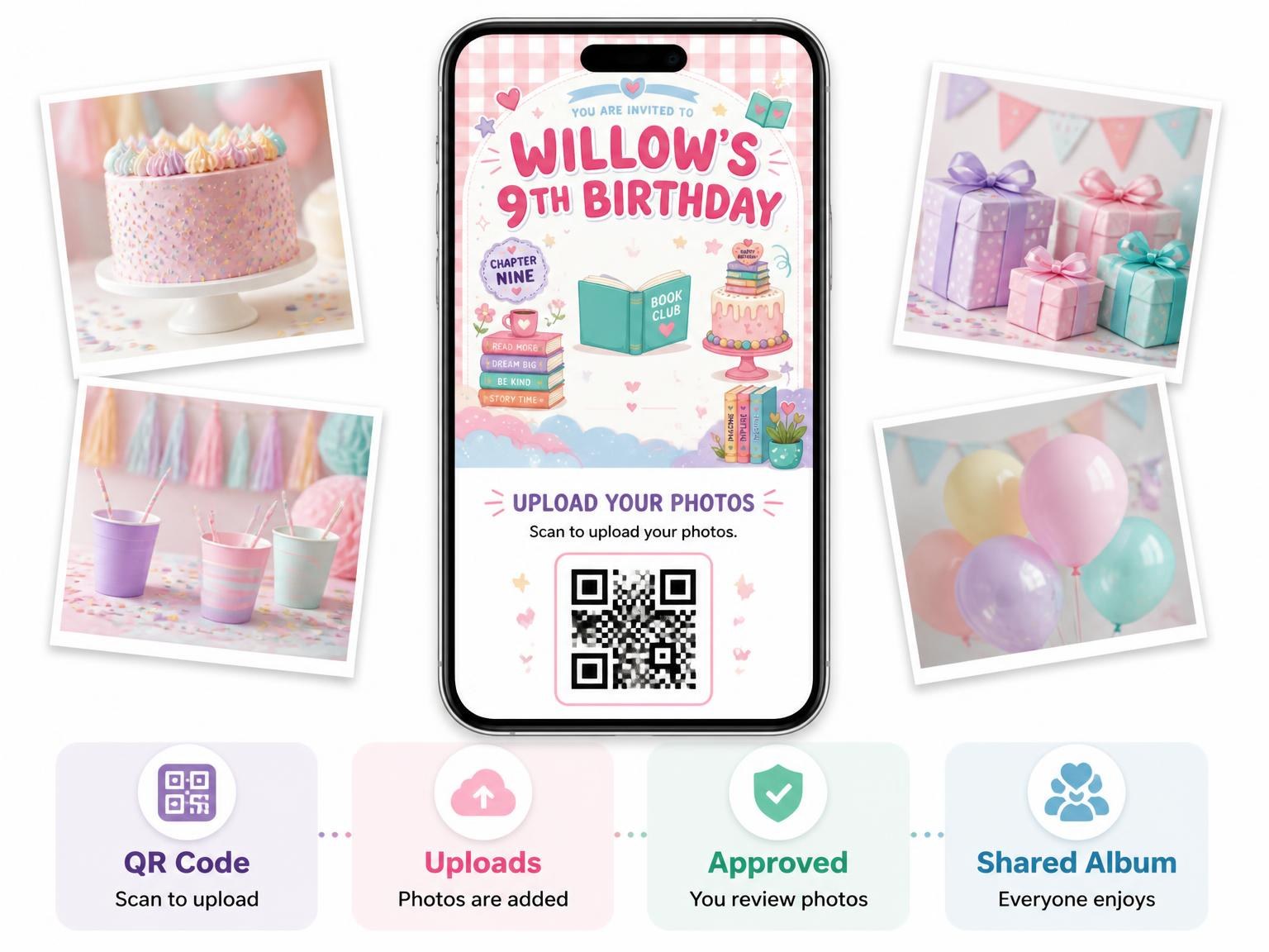 The shared photo gallery that comes with the Kawaii Book Club 9th Birthday Invitation invitation