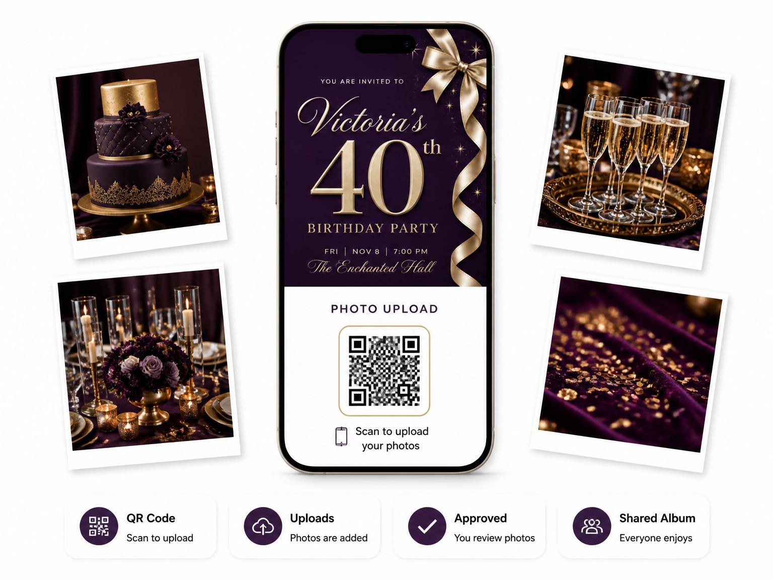 The shared photo gallery that comes with the Royal Purple Gold Ribbon 40th Birthday invitation