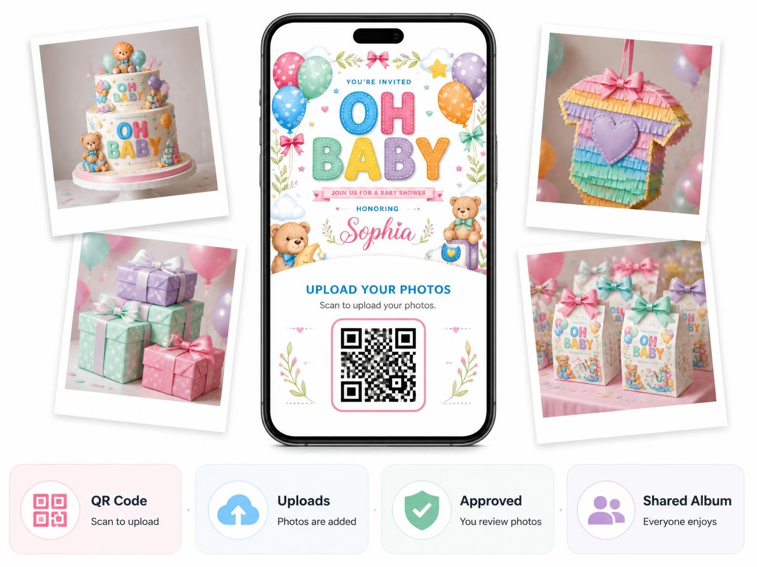 The shared photo gallery that comes with the Pastel Teddy Bear Baby Shower Invitation invitation