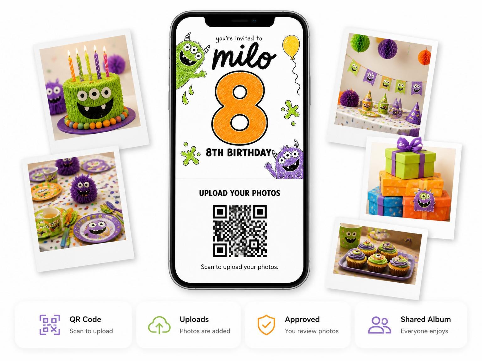 The shared photo gallery that comes with the Crayon Monster Illustration 8th Birthday Party invitation
