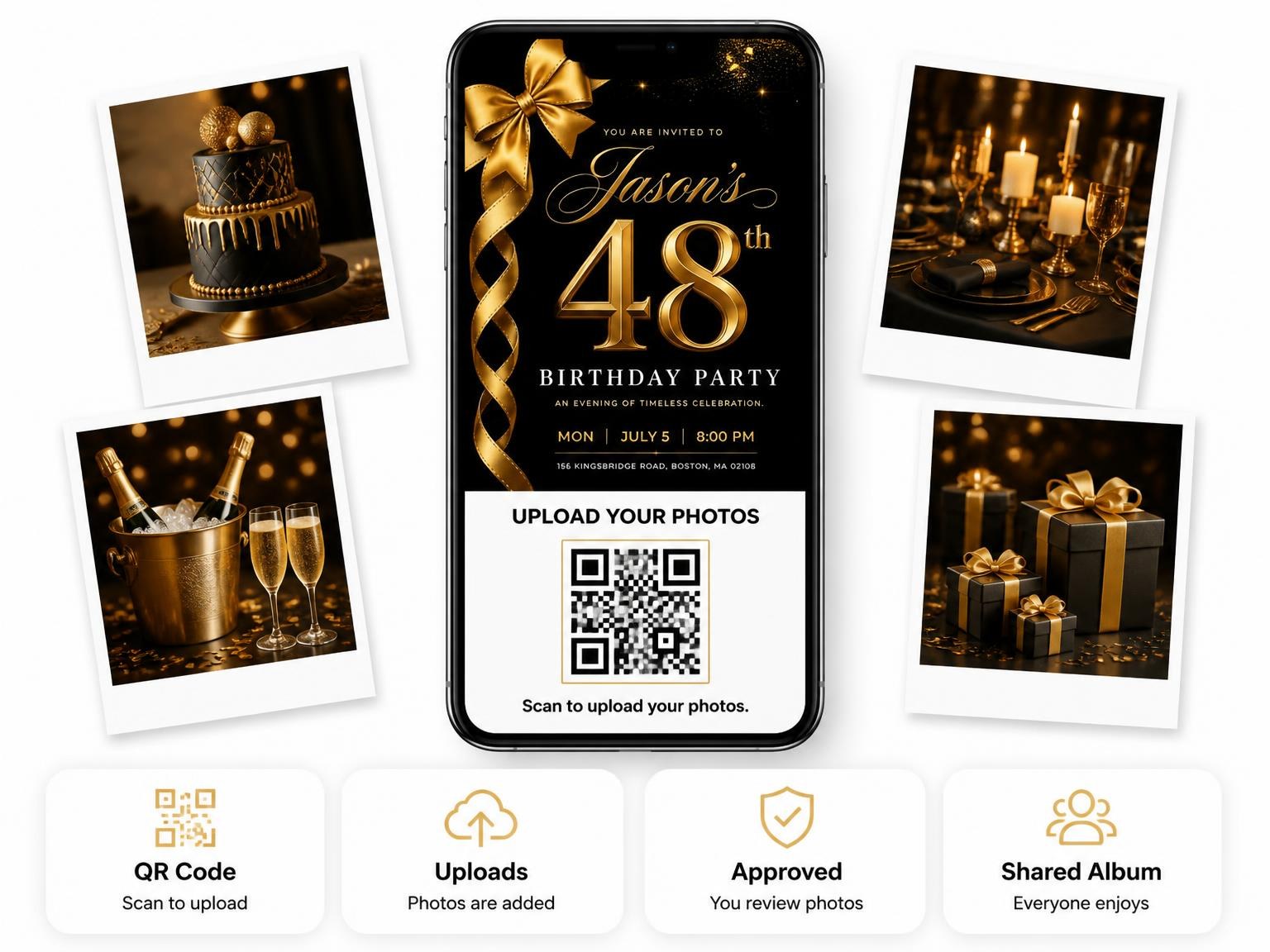 The shared photo gallery that comes with the Black and Gold Ribbon 48th Birthday invitation