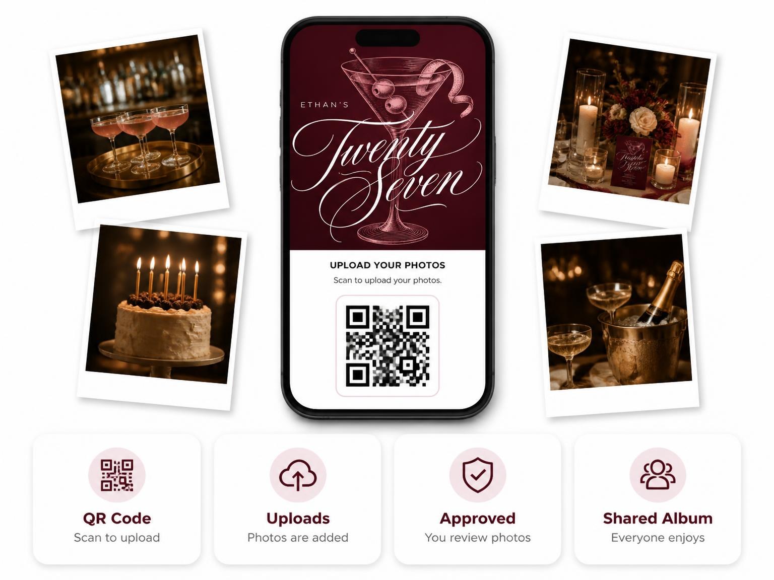 The shared photo gallery that comes with the Burgundy Cocktail 27th Birthday Invitation invitation
