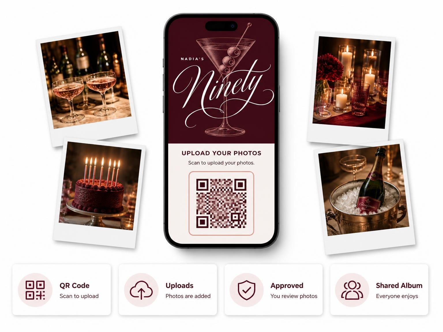 The shared photo gallery that comes with the Burgundy Cocktail 90th Birthday Invitation invitation