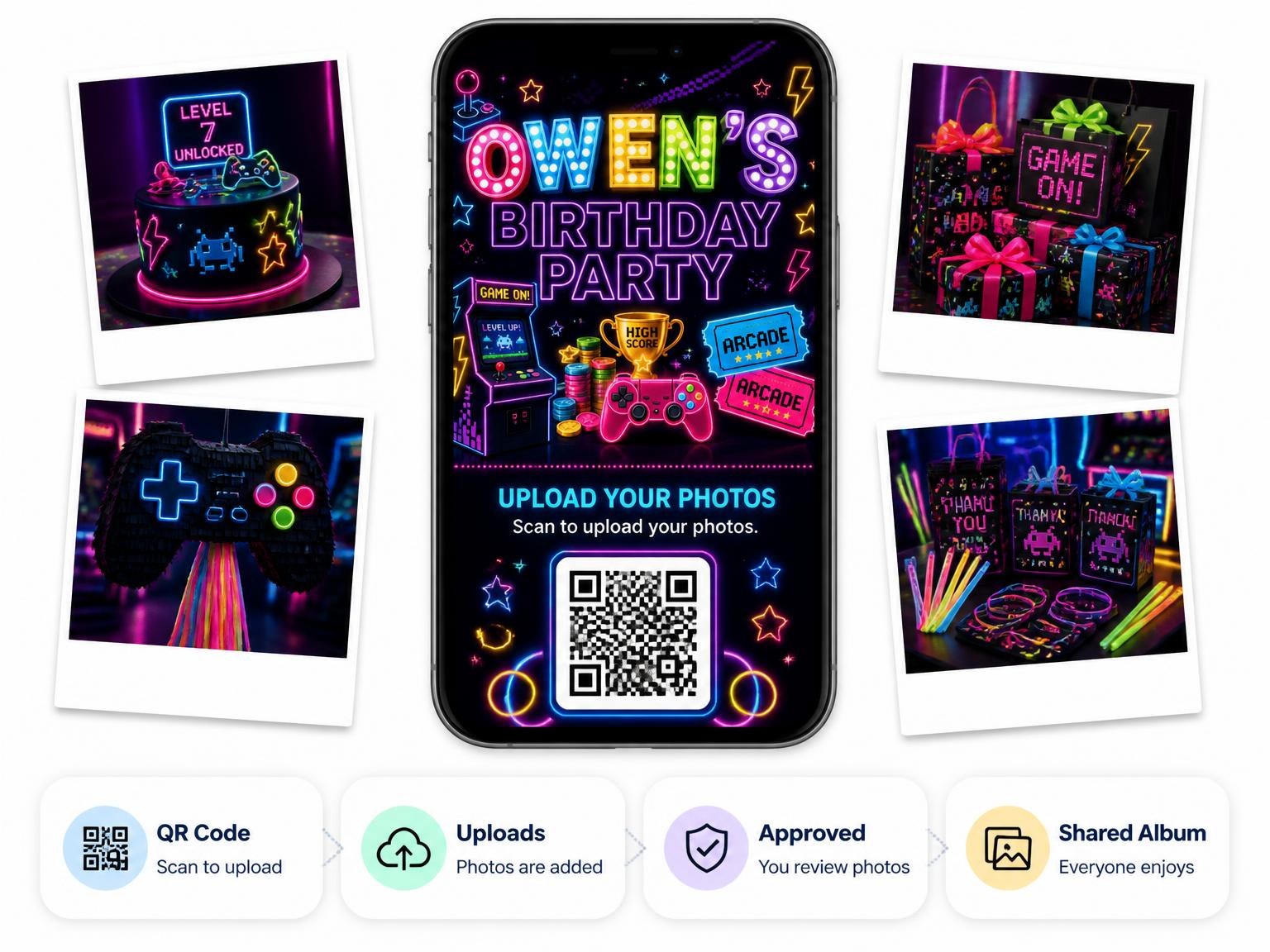 The shared photo gallery that comes with the Neon Arcade 7th Birthday Invitation invitation