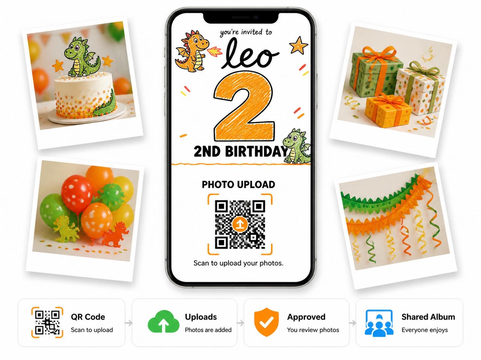 The shared photo gallery that comes with the Orange and Green Dragon 2nd Birthday invitation