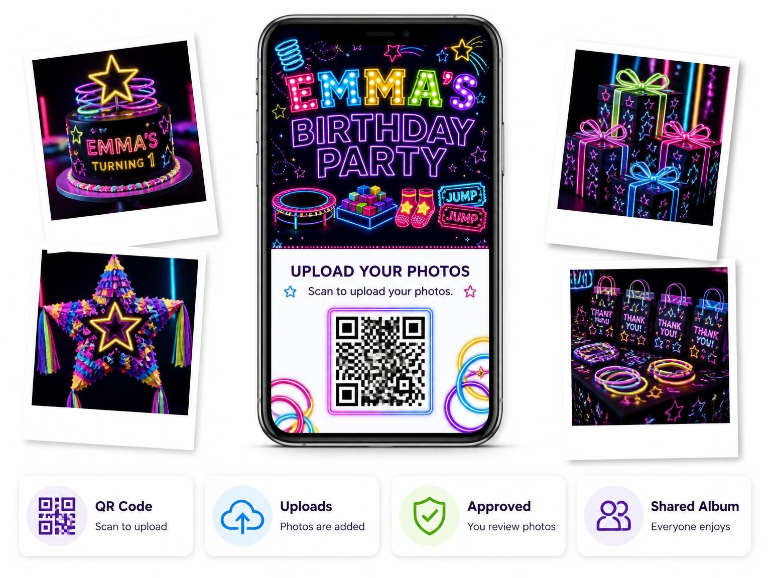 The shared photo gallery that comes with the Neon Trampoline 1st Birthday Invitation invitation