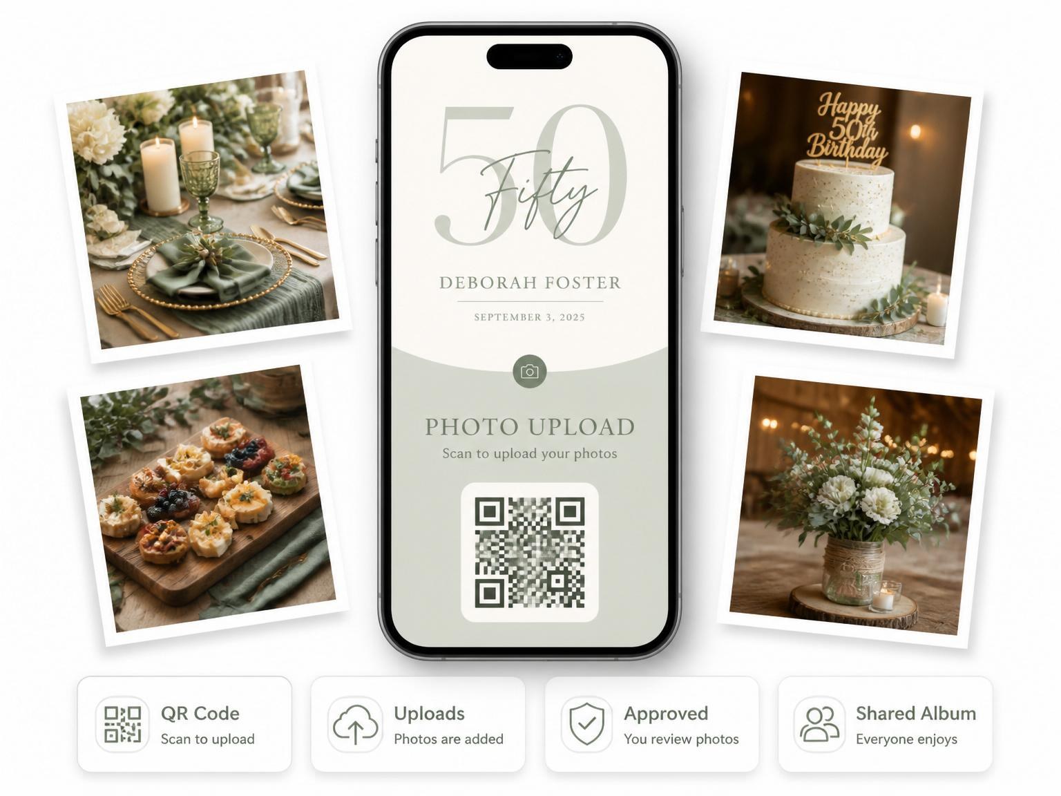 The shared photo gallery that comes with the Minimalist Sage Green 50th Birthday invitation