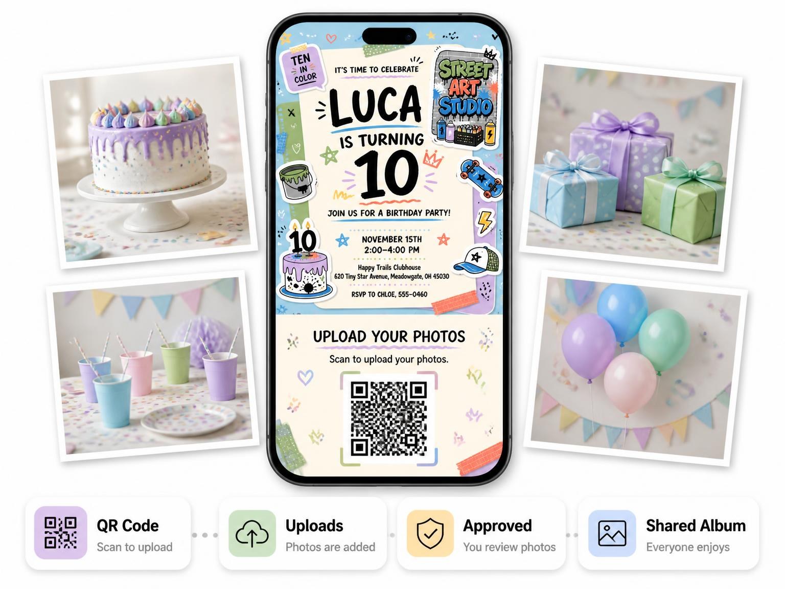 The shared photo gallery that comes with the Pastel Street Art 10th Birthday Invitation invitation