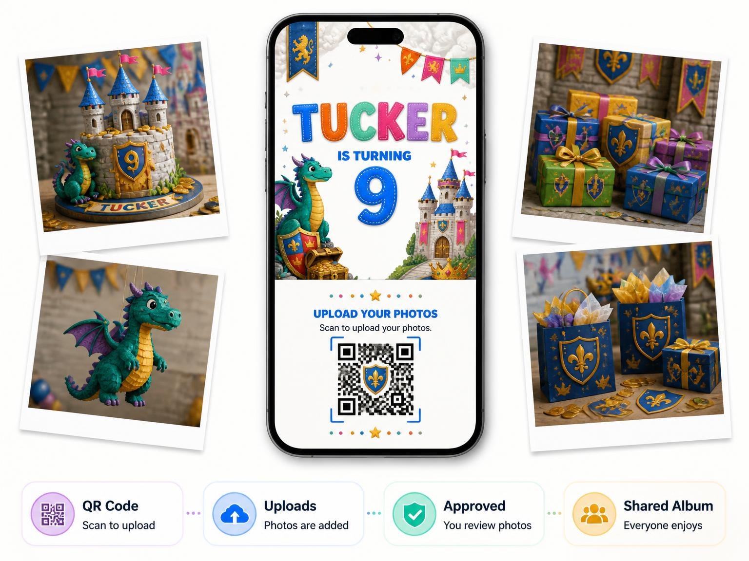 The shared photo gallery that comes with the Stitched Dragon Castle 9th Birthday Invitation invitation