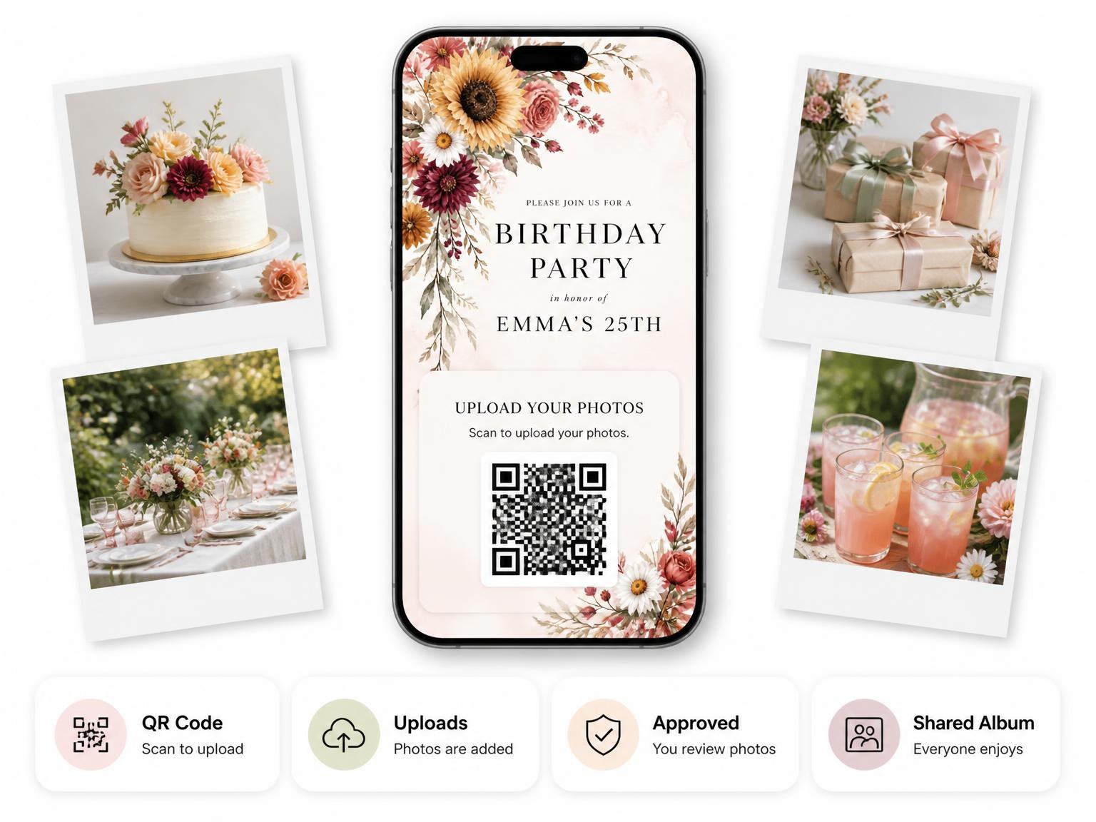 The shared photo gallery that comes with the Autumn Sunflower Bouquet 25th Birthday Invitation invitation