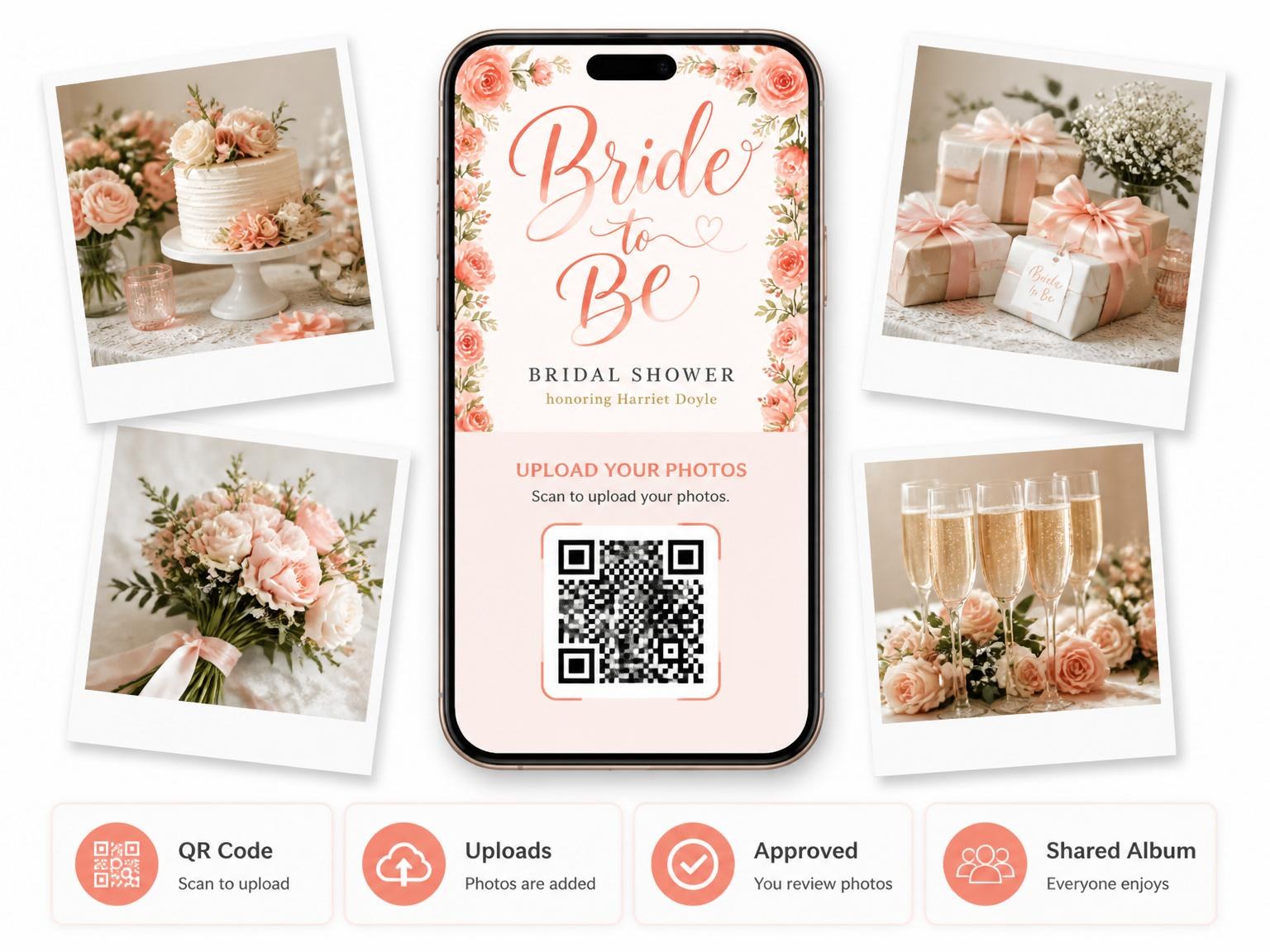 The shared photo gallery that comes with the Watercolor Coral Rose Bridal Shower invitation