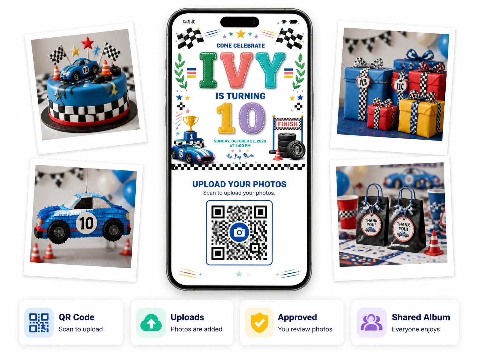 The shared photo gallery that comes with the Stitched Race Car 10th Birthday Invitation invitation