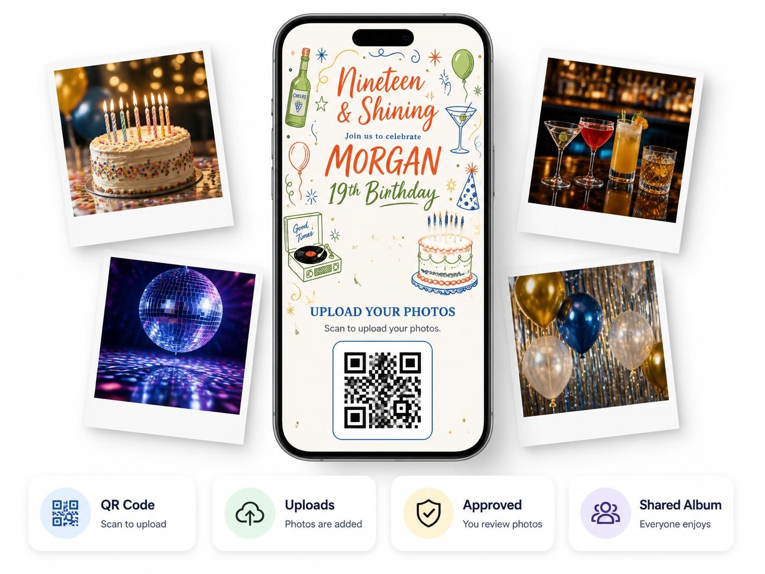 The shared photo gallery that comes with the Retro Doodle 19th Birthday Invitation invitation