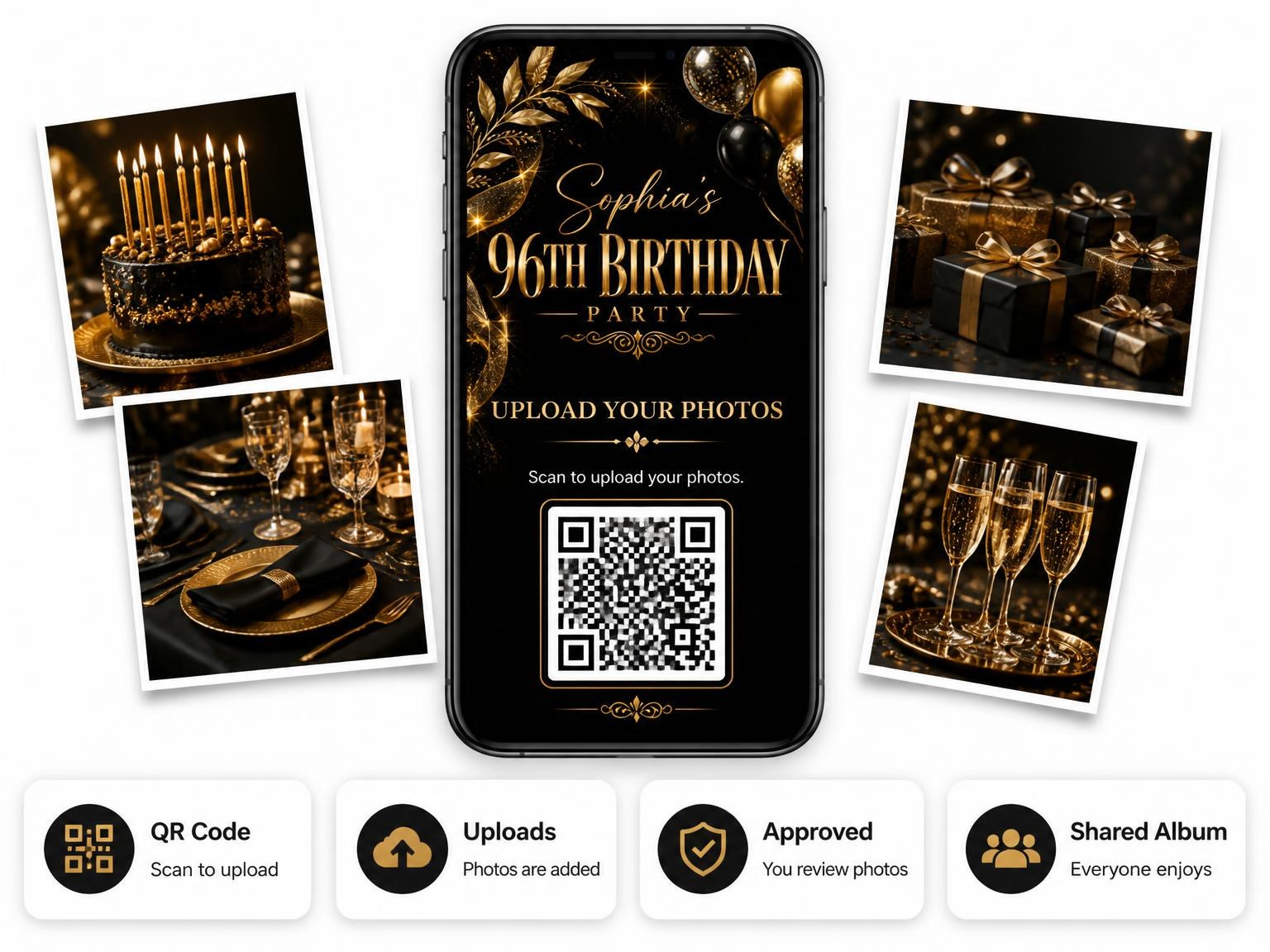 The shared photo gallery that comes with the Black and Gold 96th Birthday Invitation invitation