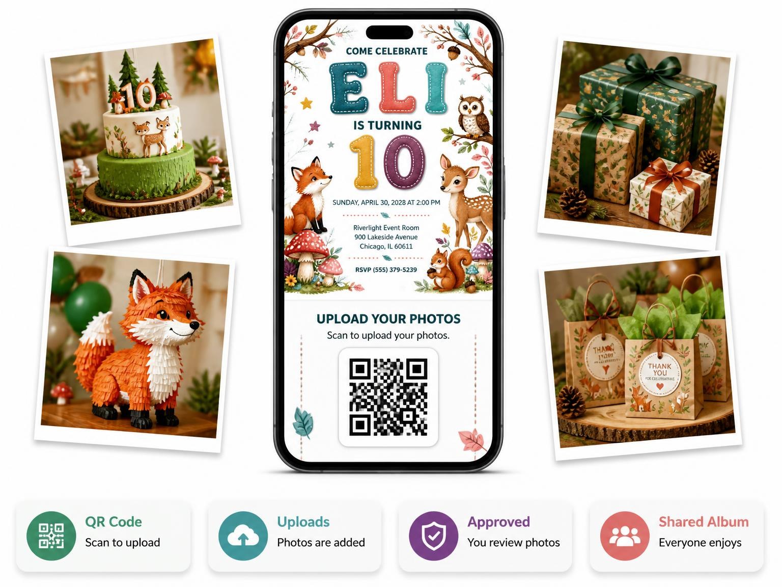 The shared photo gallery that comes with the Stitched Woodland 10th Birthday Invitation invitation