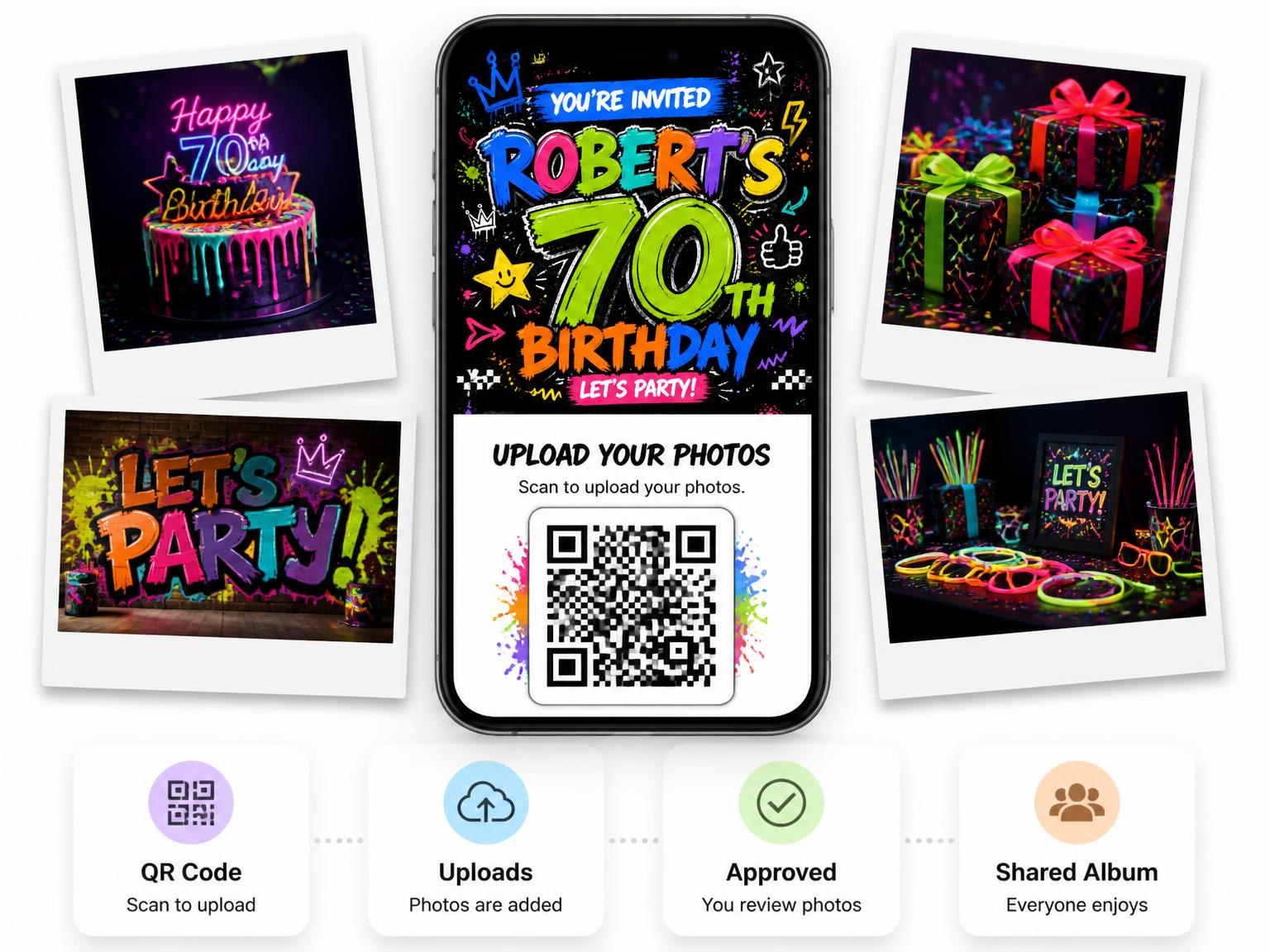 The shared photo gallery that comes with the Graffiti Street Art 70th Birthday Invitation invitation