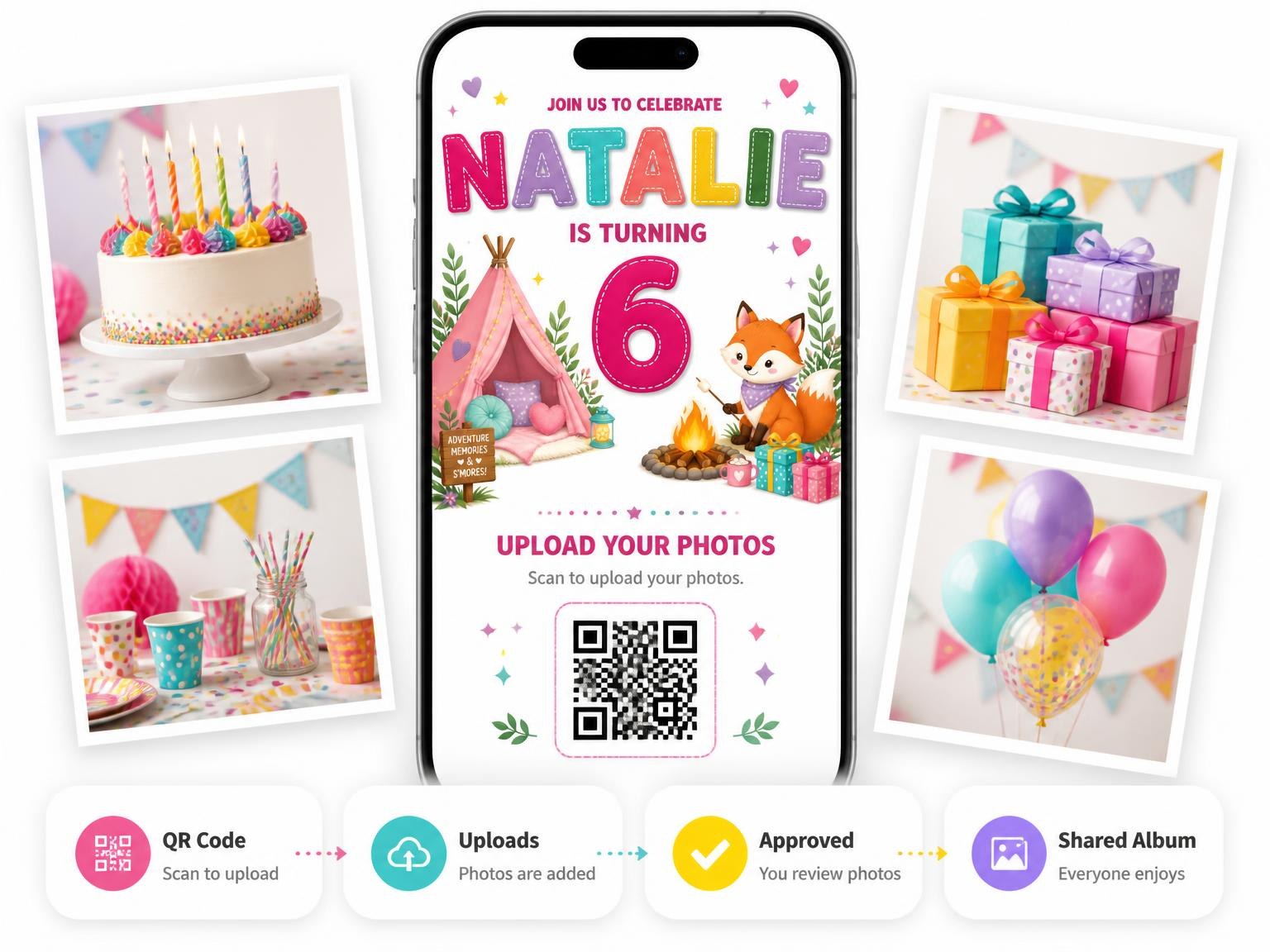 The shared photo gallery that comes with the Roasting Marshmallow 6th Birthday Invitation invitation