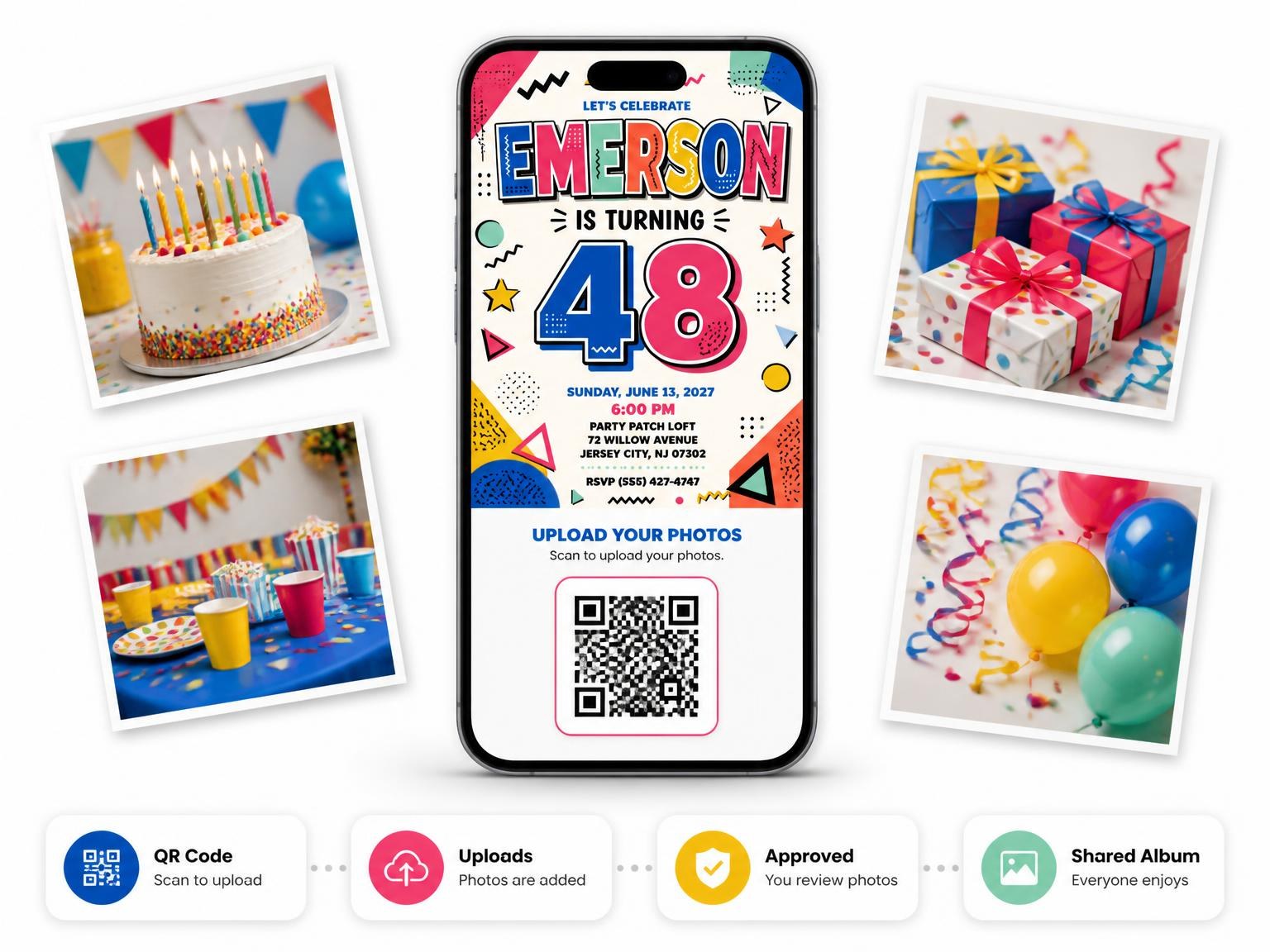 The shared photo gallery that comes with the Memphis Pop 48th Birthday Invitation invitation