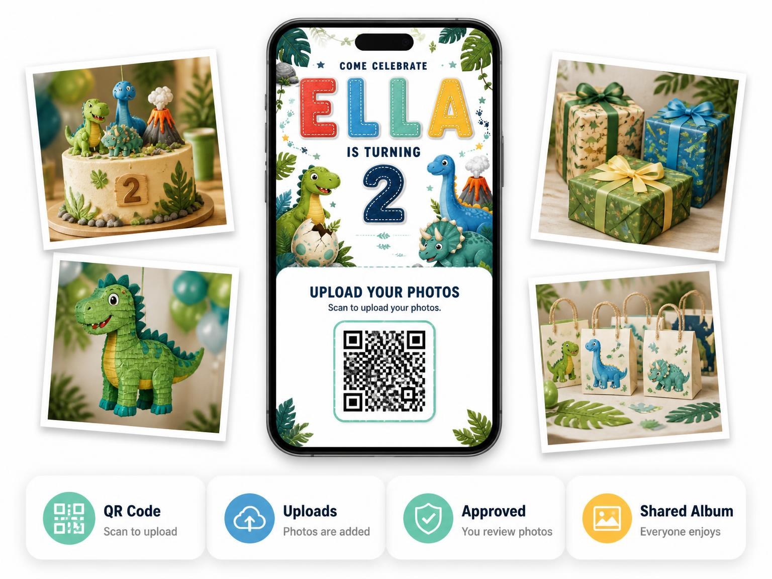 The shared photo gallery that comes with the Stitched Dinosaur 2nd Birthday Invitation invitation