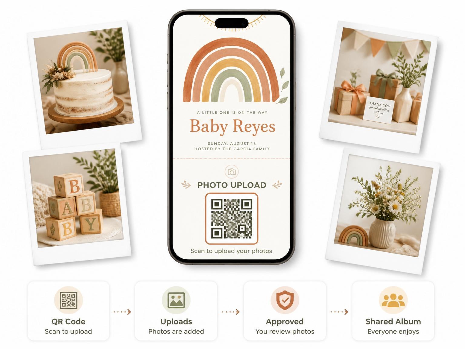 The shared photo gallery that comes with the Terracotta Rainbow Baby Shower Invitation invitation