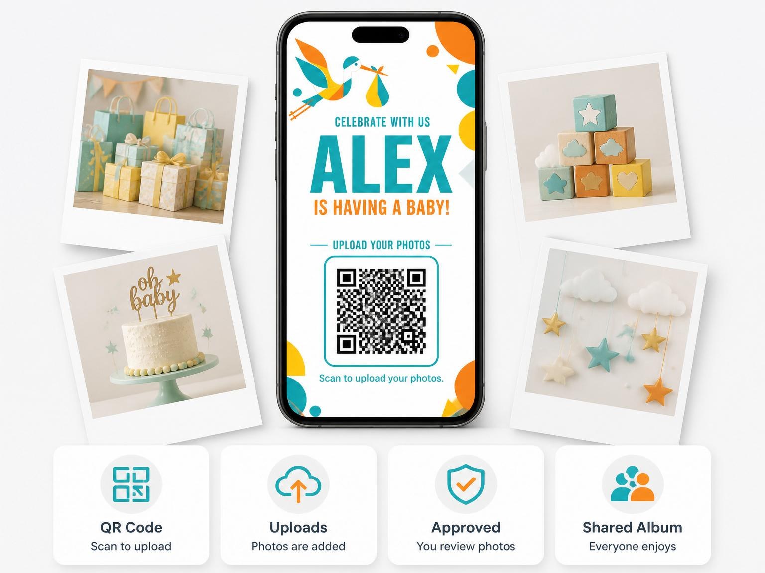 The shared photo gallery that comes with the Teal and Orange Geometric Stork Shower invitation