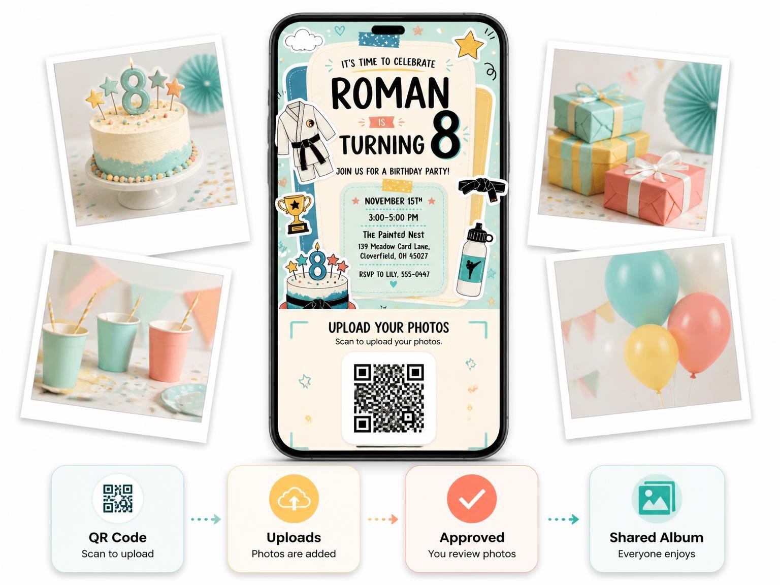 The shared photo gallery that comes with the Gi Uniform Pastel 8th Birthday Invitation invitation