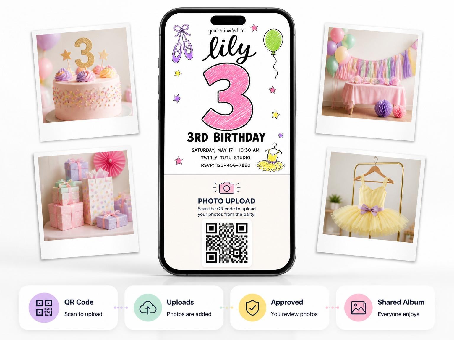 The shared photo gallery that comes with the Crayon Ballerina Tutu 3rd Birthday invitation
