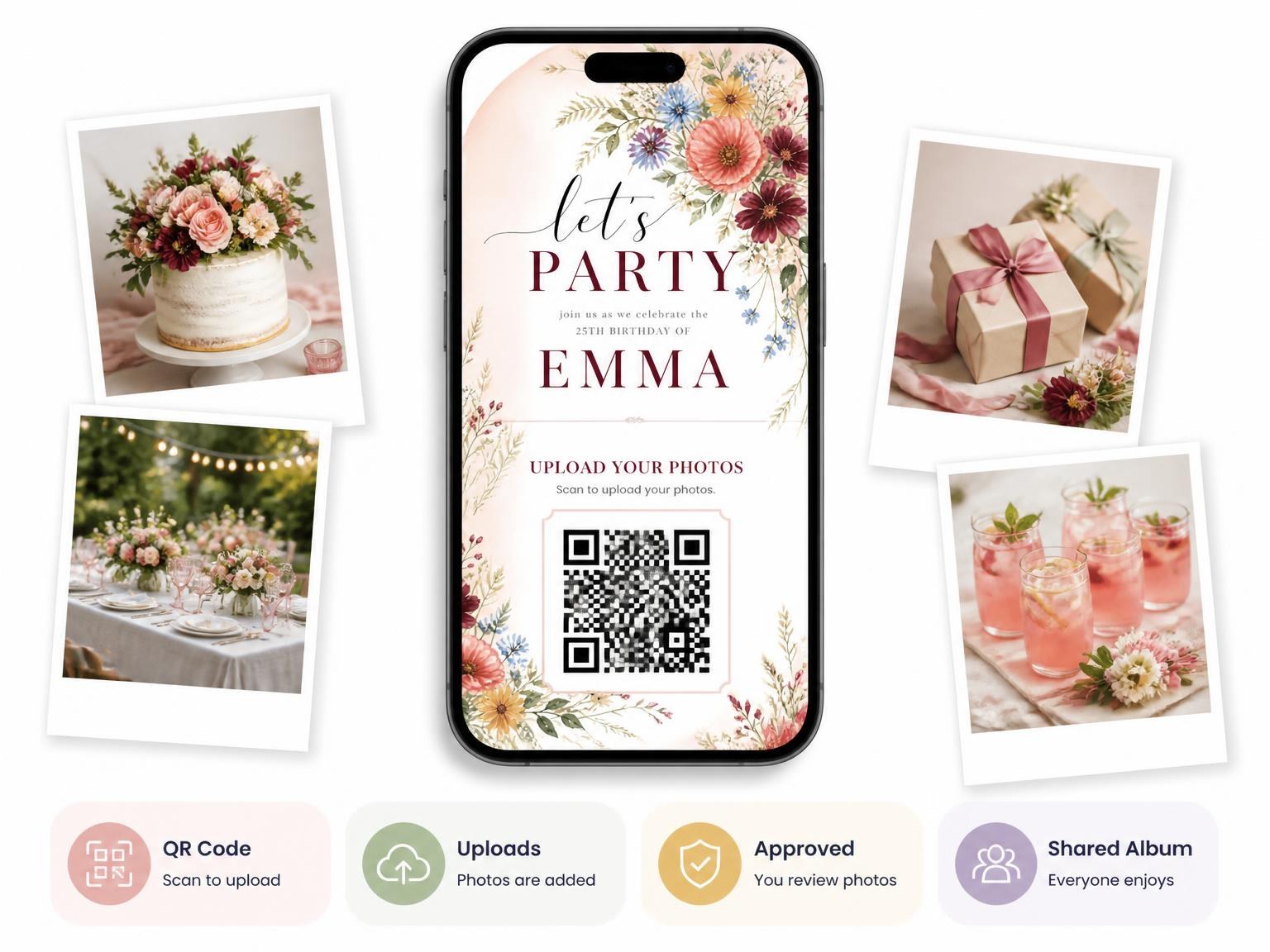 The shared photo gallery that comes with the Wildflower Bouquet Golden 25th Birthday Invitation invitation