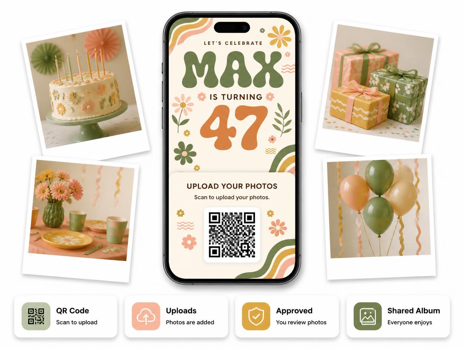 The shared photo gallery that comes with the Groovy Retro 47th Birthday Invitation invitation