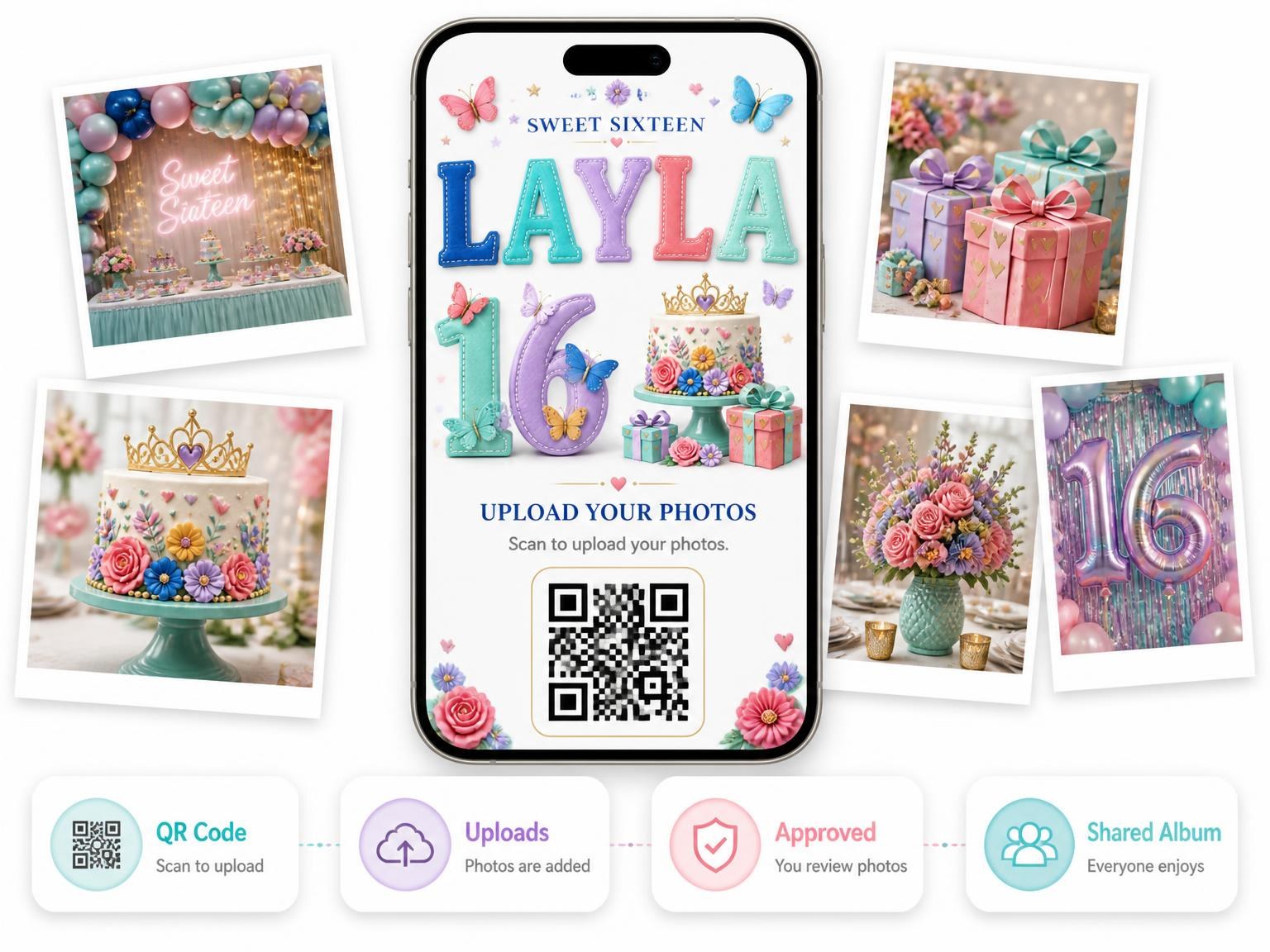 The shared photo gallery that comes with the Stitched Butterfly Sweet Sixteen Invitation invitation