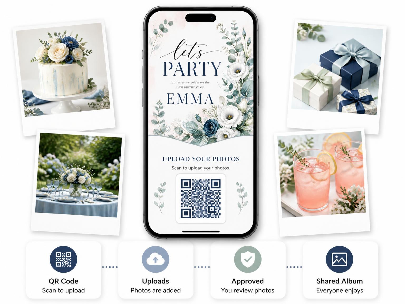 The shared photo gallery that comes with the White Botanical Dusty Blue 25th Birthday Invitation invitation