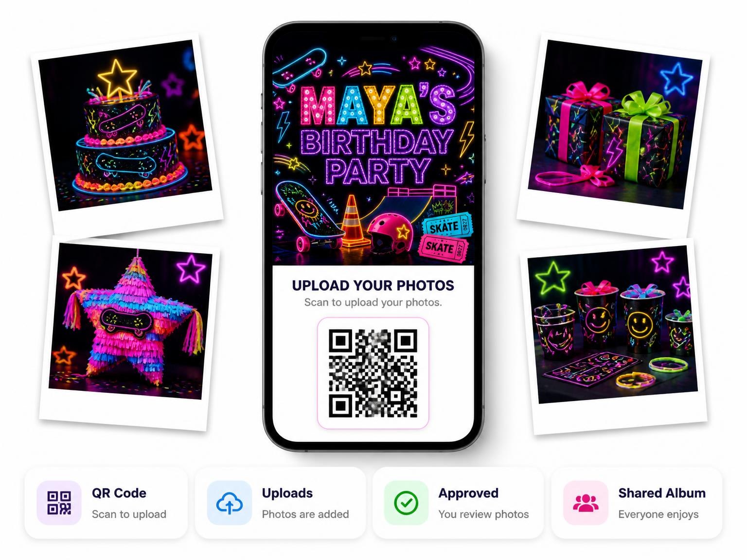 The shared photo gallery that comes with the Neon Skateboard 8th Birthday Invitation invitation