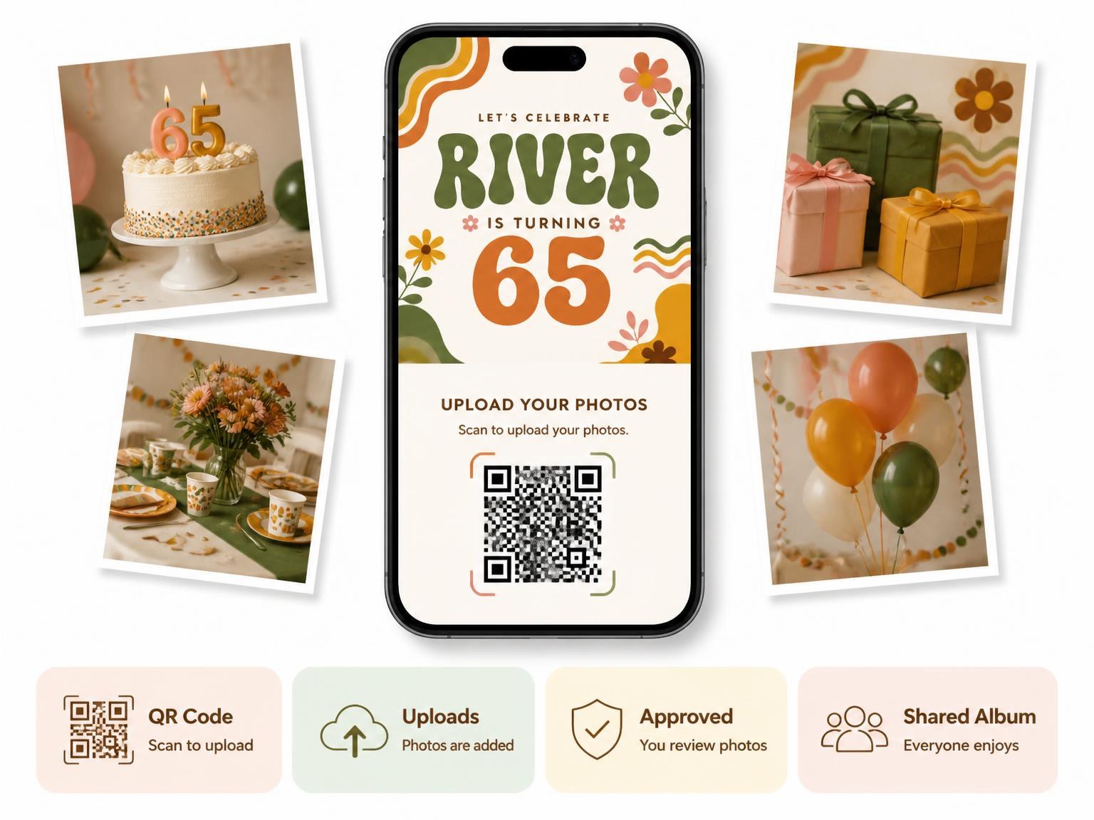 The shared photo gallery that comes with the Groovy Retro 65th Birthday Invitation invitation