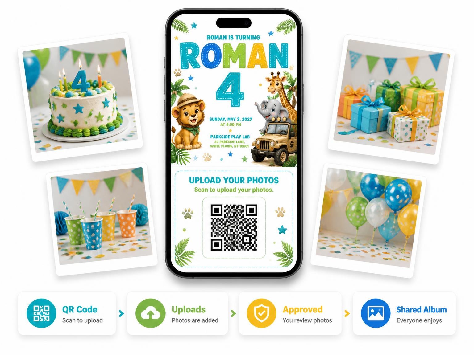 The shared photo gallery that comes with the Lion Cub Stitched 4th Birthday Invitation invitation