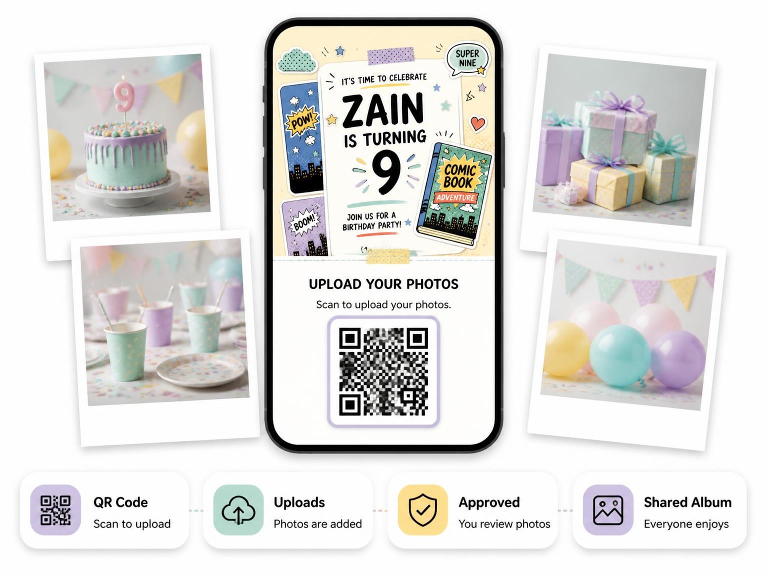 The shared photo gallery that comes with the Pastel Comic Book 9th Birthday Invitation invitation