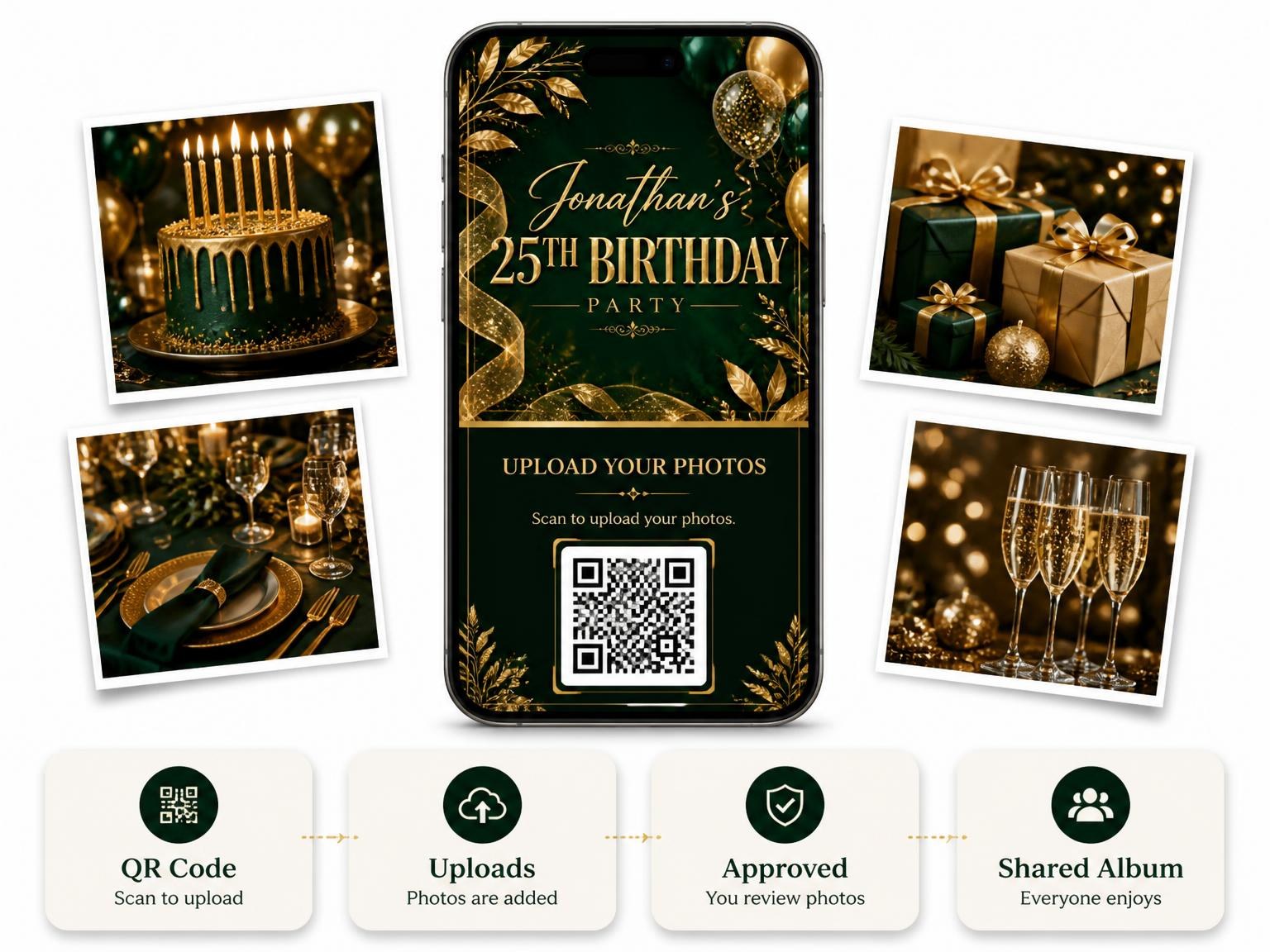 The shared photo gallery that comes with the Emerald and Champagne 25th Birthday Invitation invitation