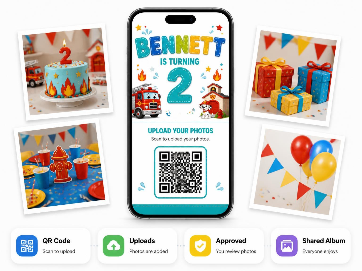 The shared photo gallery that comes with the Fire Engine Stitched 2nd Birthday Invitation invitation