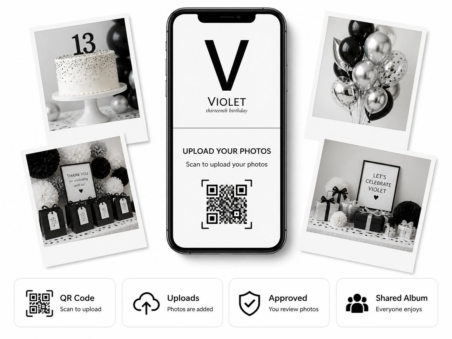 The shared photo gallery that comes with the Monochrome Initial 13th Birthday Invitation invitation