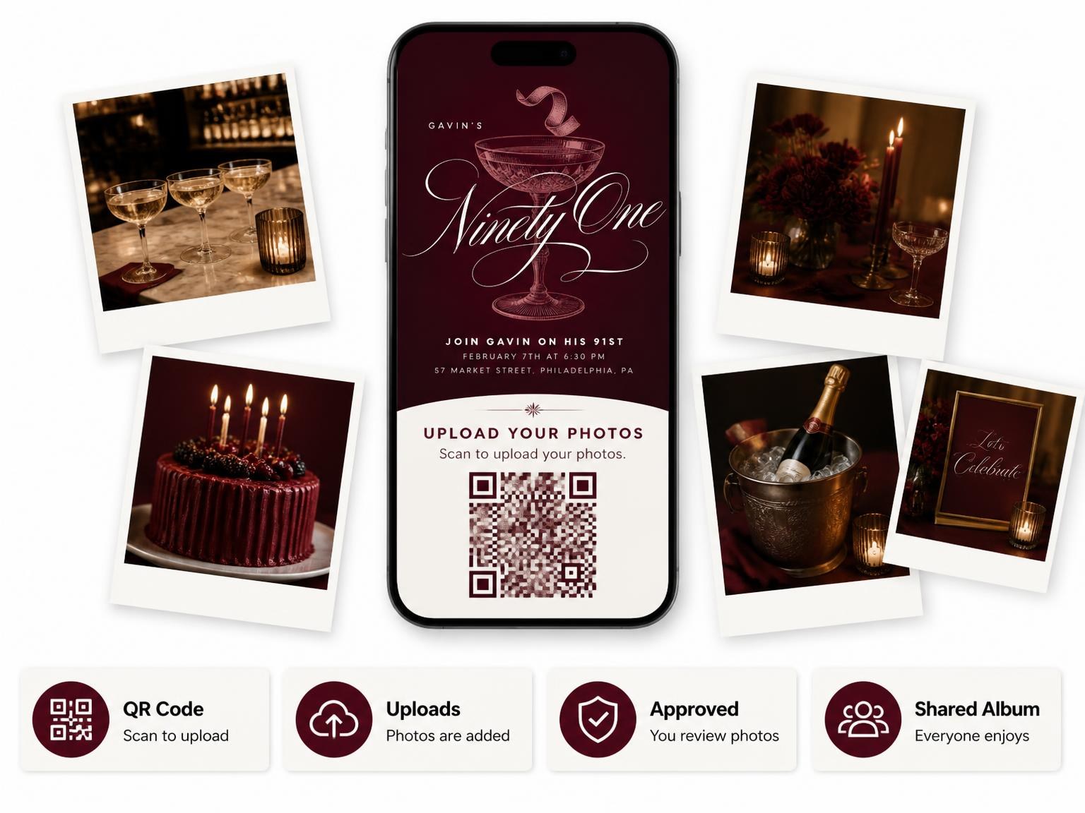 The shared photo gallery that comes with the Burgundy Cocktail 91st Birthday Invitation invitation