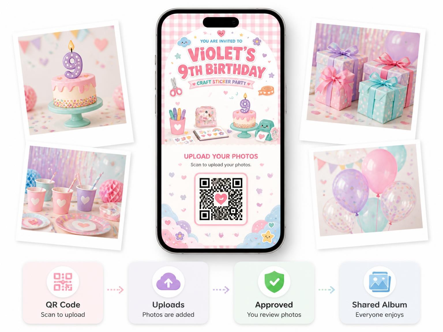 The shared photo gallery that comes with the Kawaii Craft Sticker 9th Birthday Invitation invitation