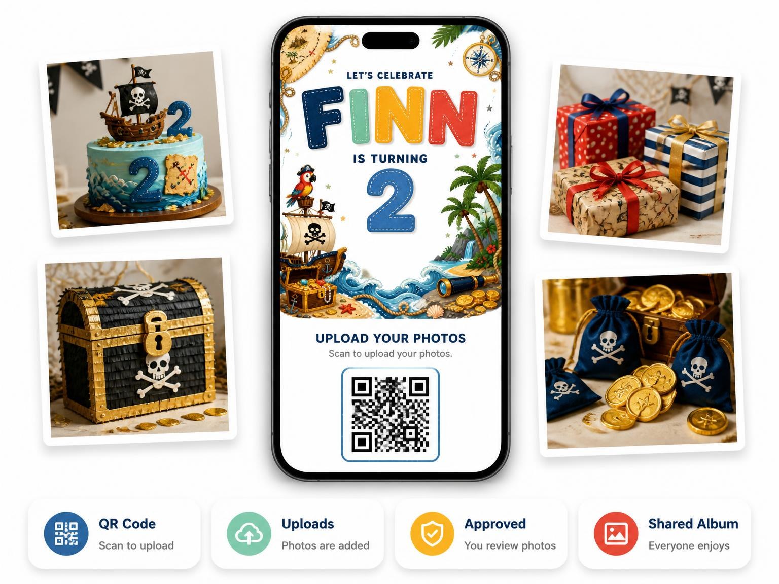 The shared photo gallery that comes with the Pirate Adventure 2nd Birthday Invitation invitation